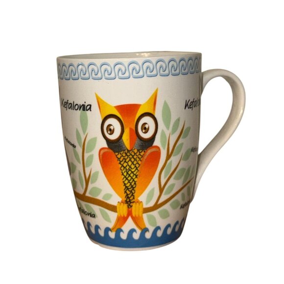 Colorful Owl Design Porcelain Mug Featuring Kefalonia Greece - Picture 1 of 5